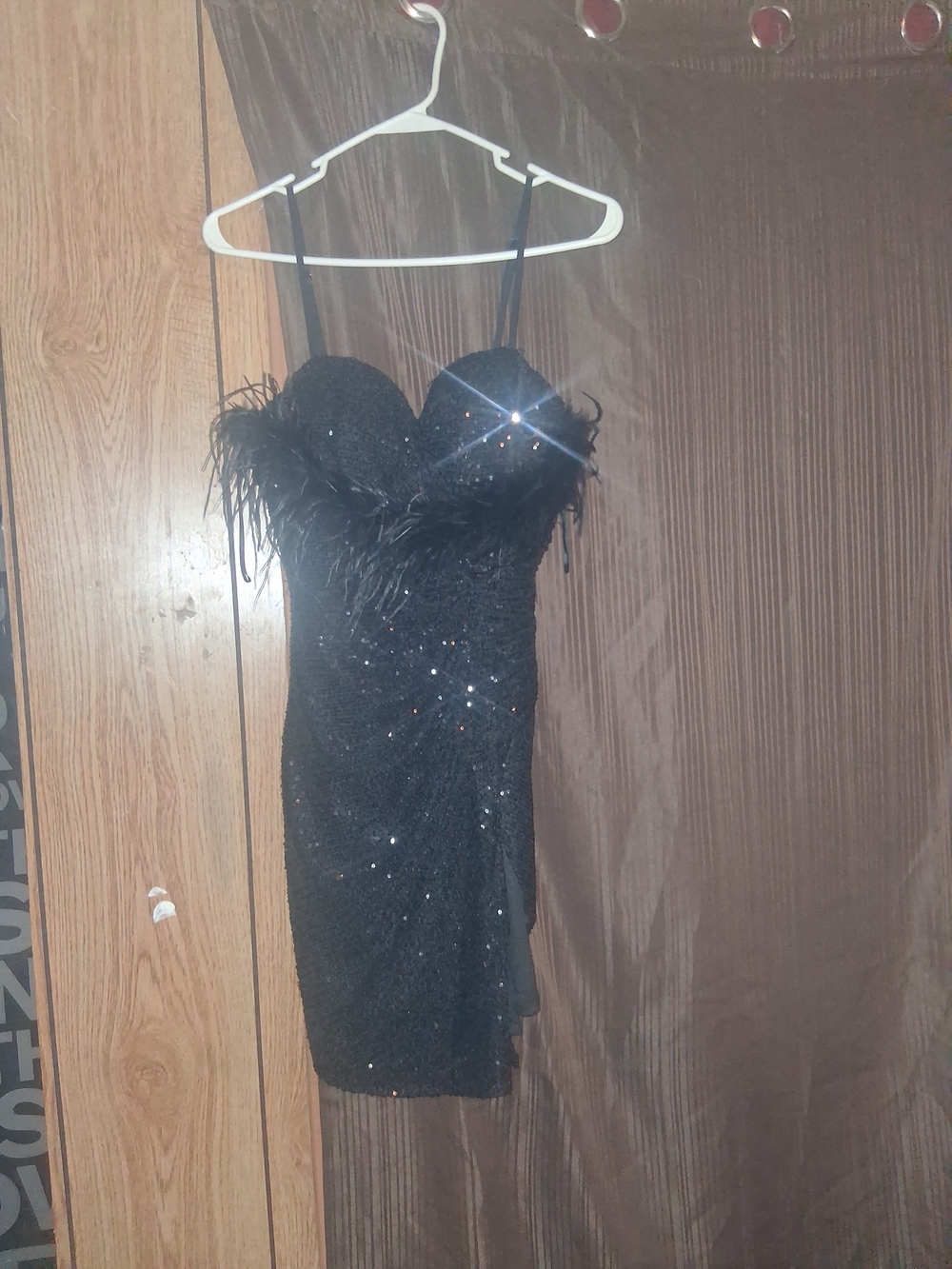 Black Sequin Mini Dress with Feather Trim